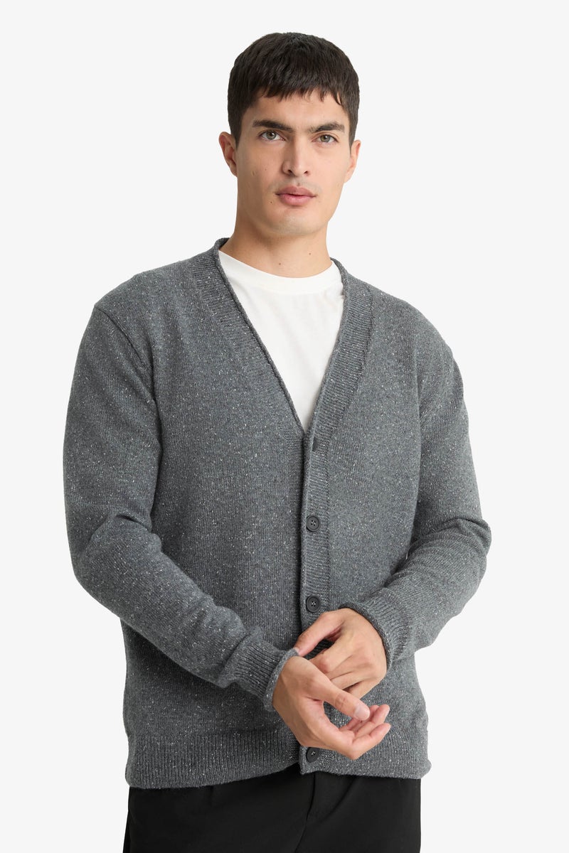 DeFacto Grey Man Relax Fit V-Neck Knitwear Cardigan Casual - Image 3